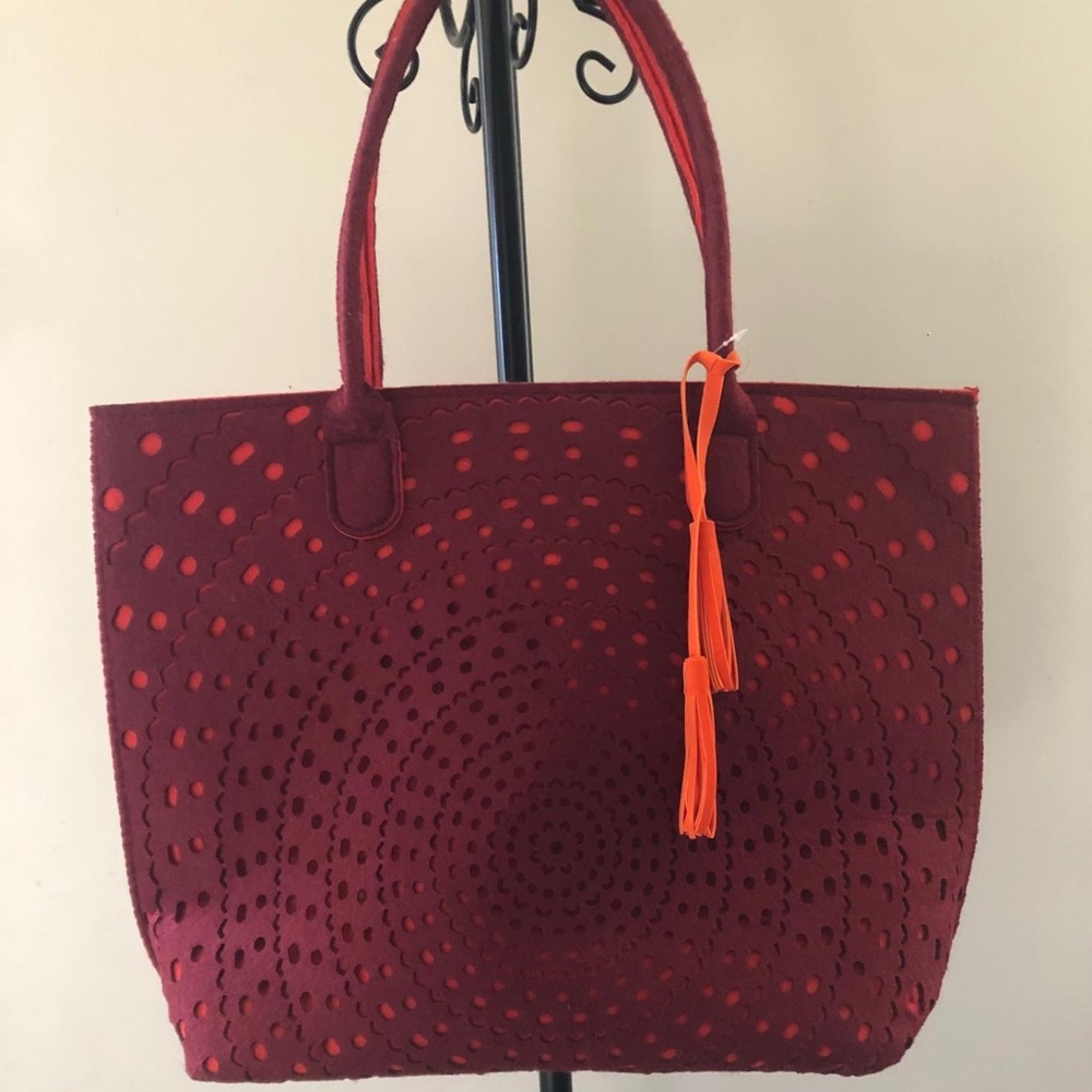 Punctuate Burgundy Real Wool felt Shoulder Tote Bag NWOT